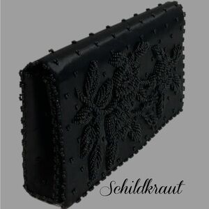 SCHILDKRAUT BROS Hand Made Black Beaded Front Flap Clutch Vintage 1950s
